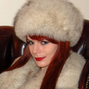 Rebekka Raynor in blue fox fur jacket and hat